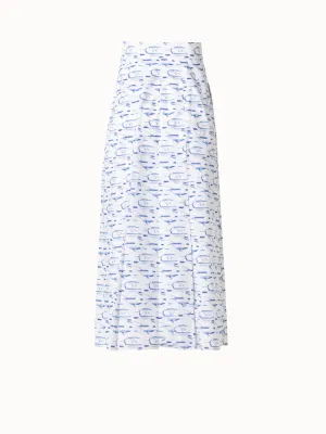 Pleated Cotton Midi Skirt with Kasuri Birds Print