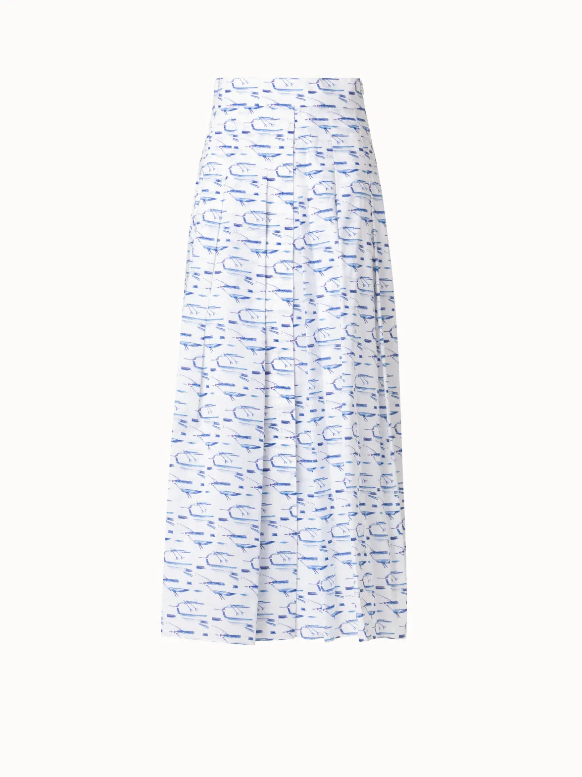 Pleated Cotton Midi Skirt with Kasuri Birds Print