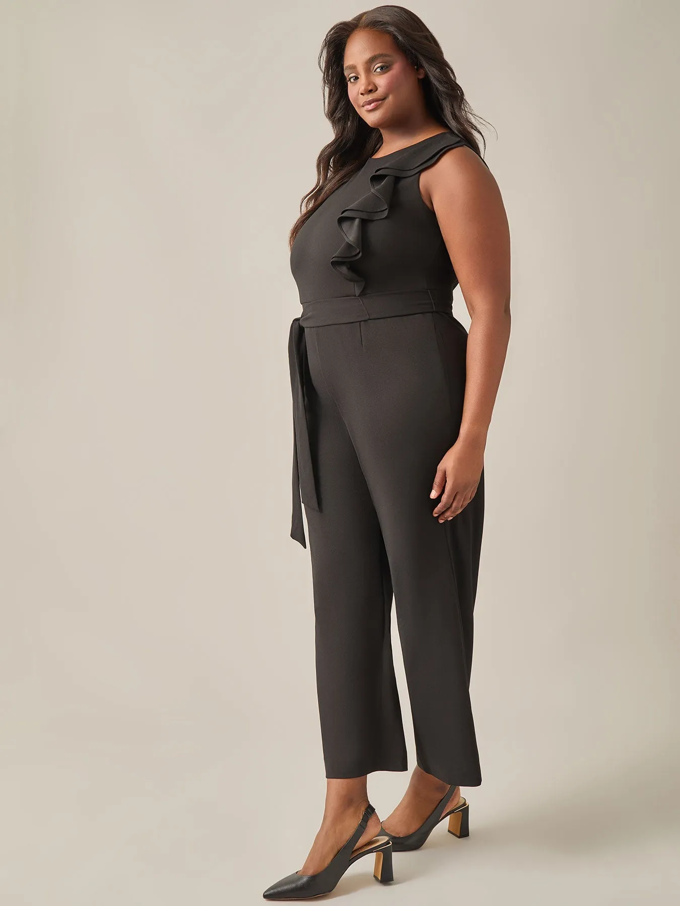 Plus Size Ruffle Shoulder Jumpsuit, Black