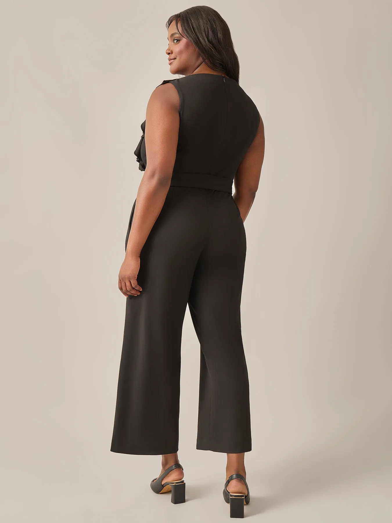 Plus Size Ruffle Shoulder Jumpsuit, Black