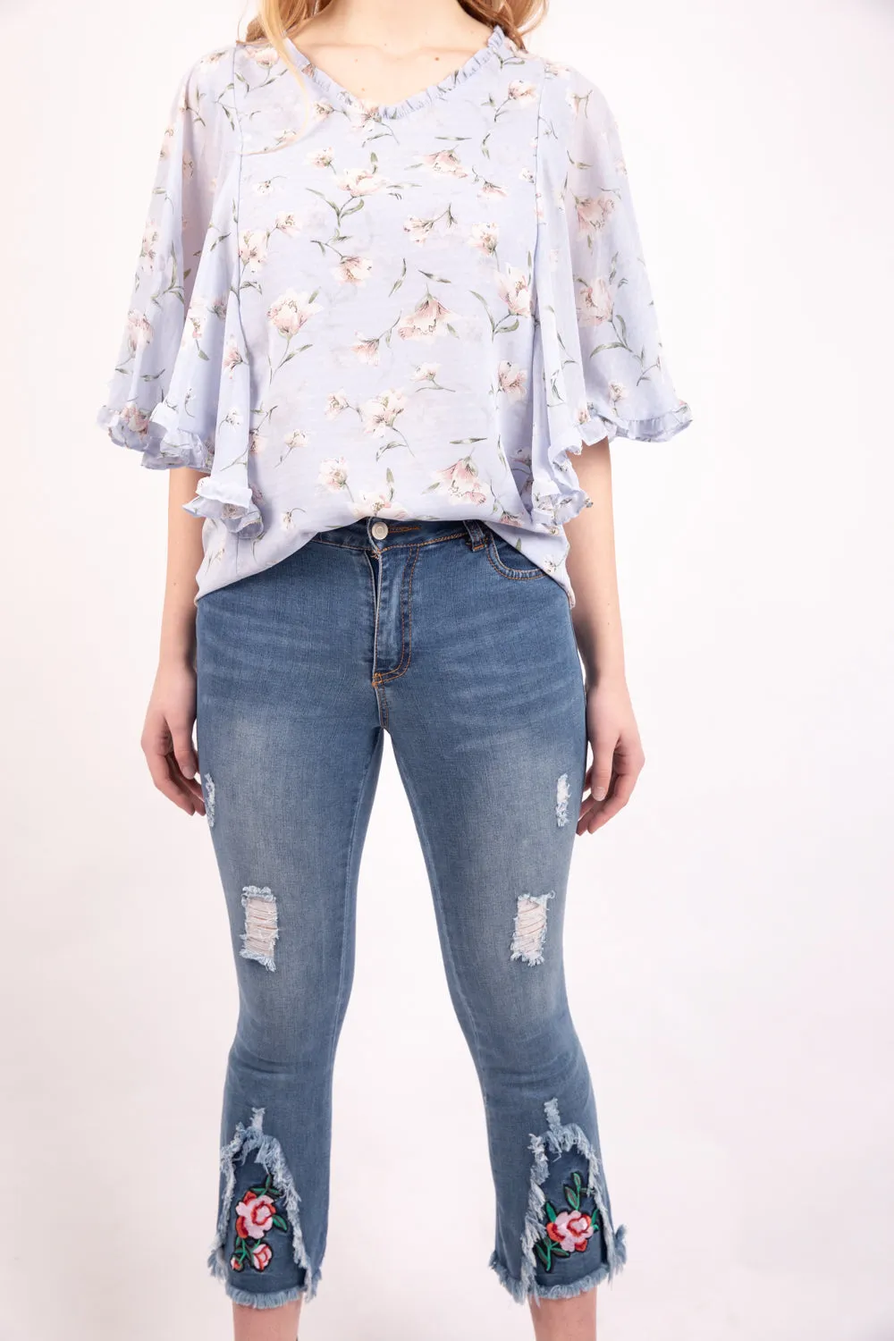 Powder Blue Floral Print Batwing Chiffon Blouse Top