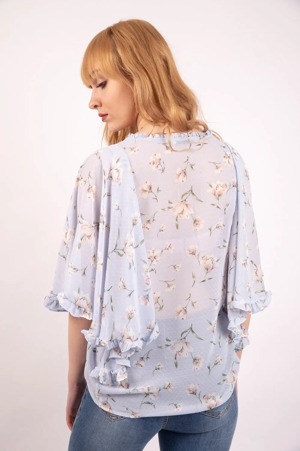 Powder Blue Floral Print Batwing Chiffon Blouse Top