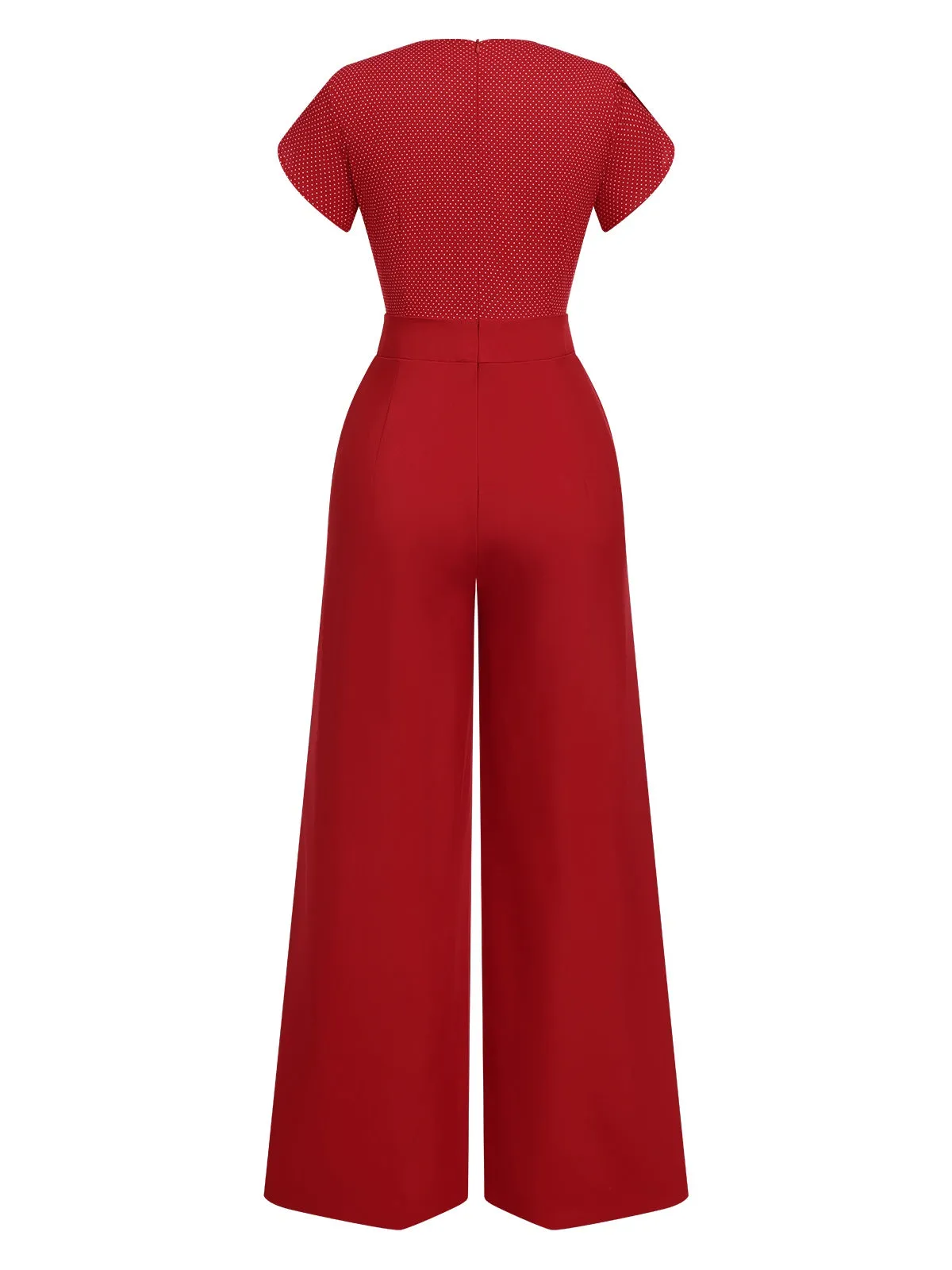 [Pre-Sale] Red 1960s V-Neck Petal Sleeves Dots Jumpsuit