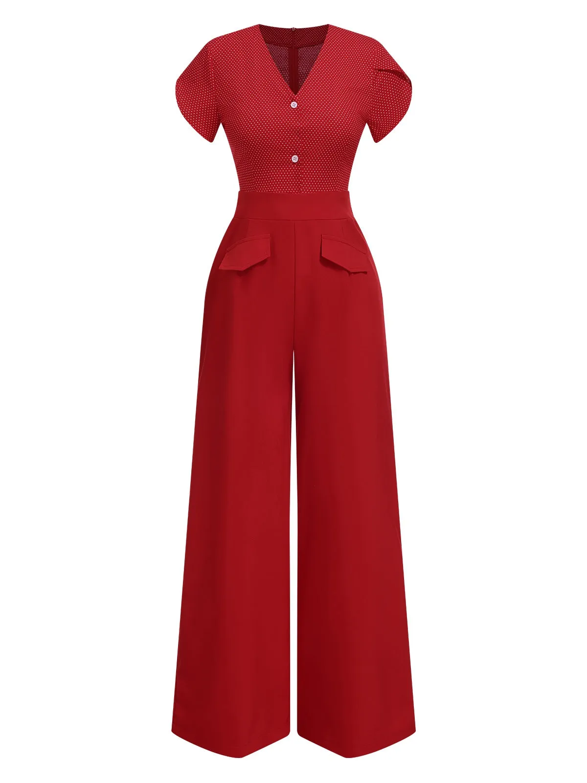 [Pre-Sale] Red 1960s V-Neck Petal Sleeves Dots Jumpsuit