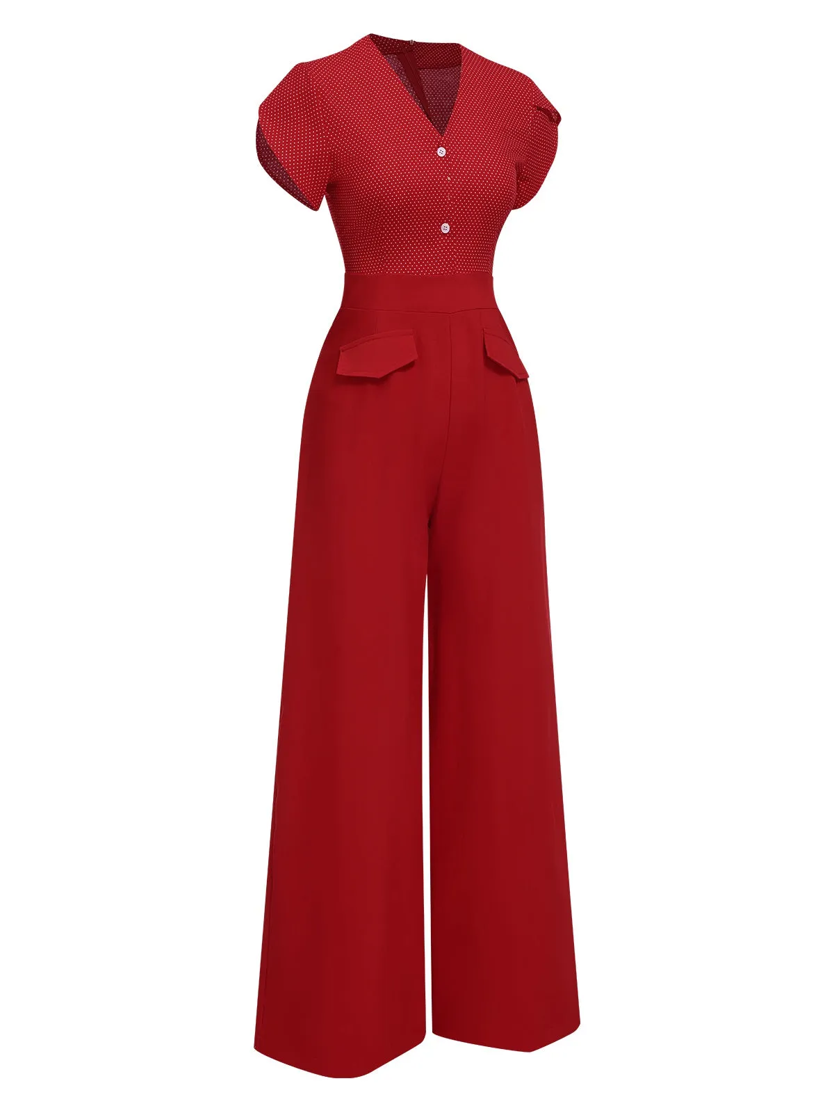 [Pre-Sale] Red 1960s V-Neck Petal Sleeves Dots Jumpsuit