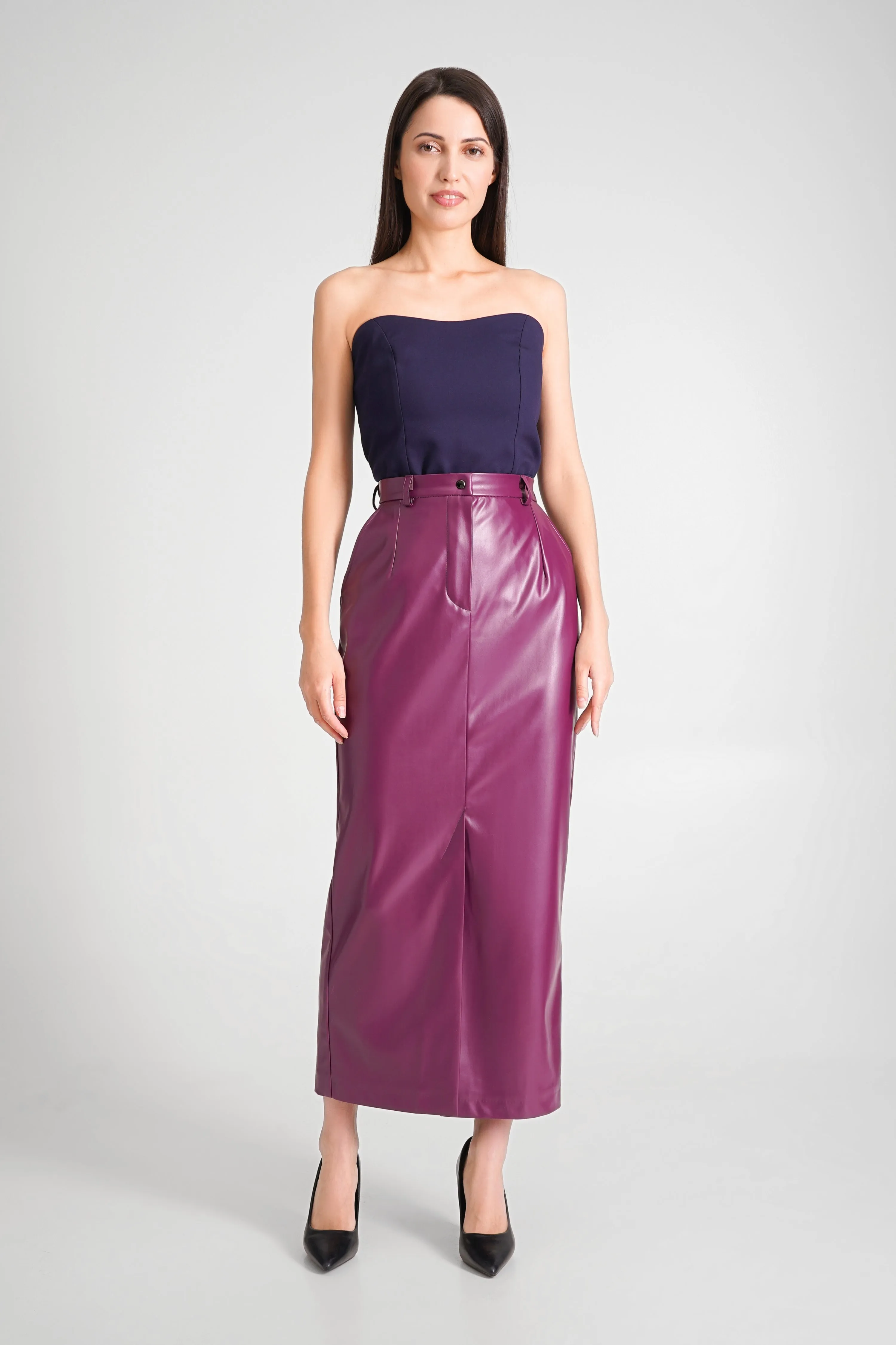 Purple faux leather maxi skirt