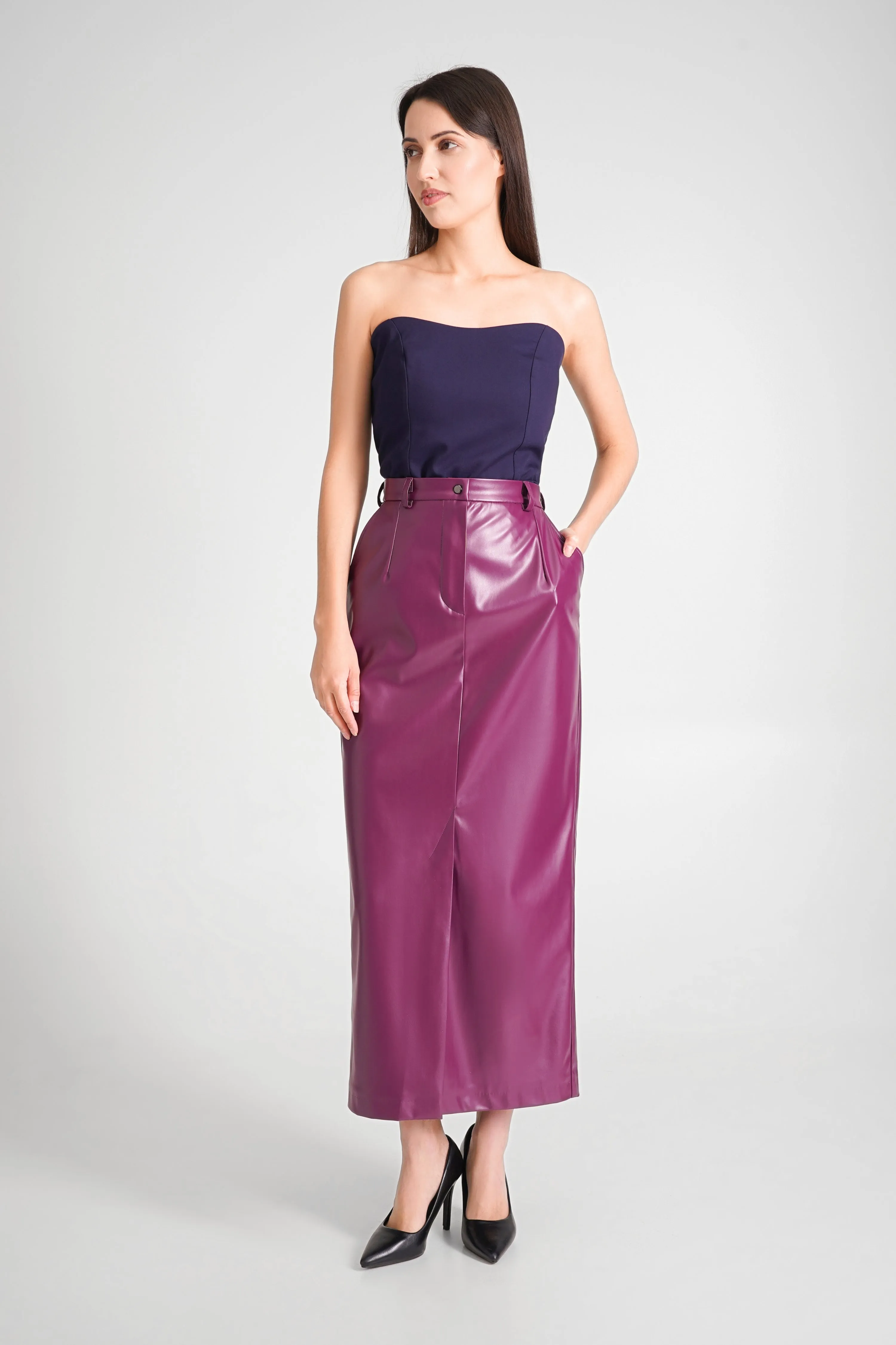 Purple faux leather maxi skirt