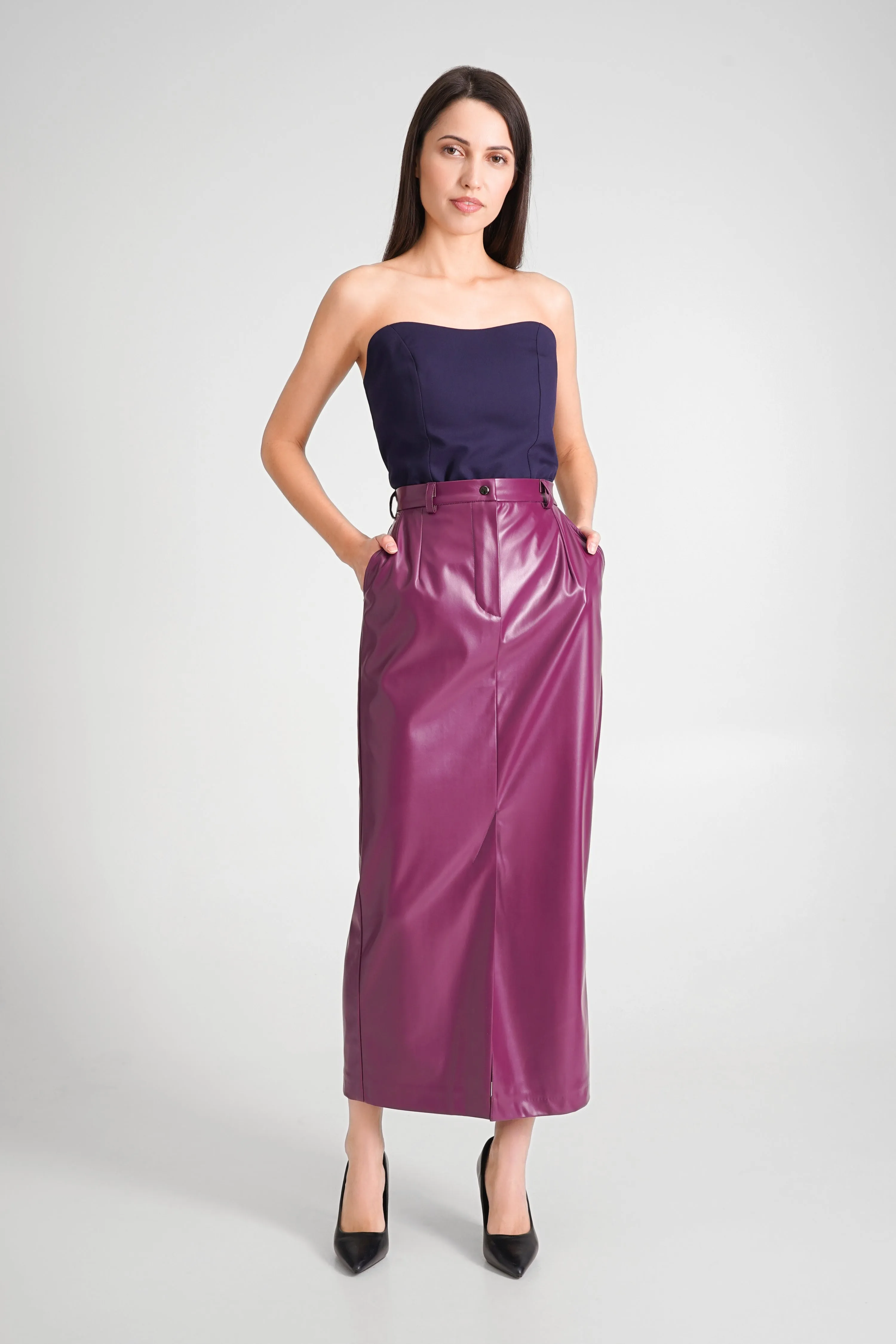 Purple faux leather maxi skirt