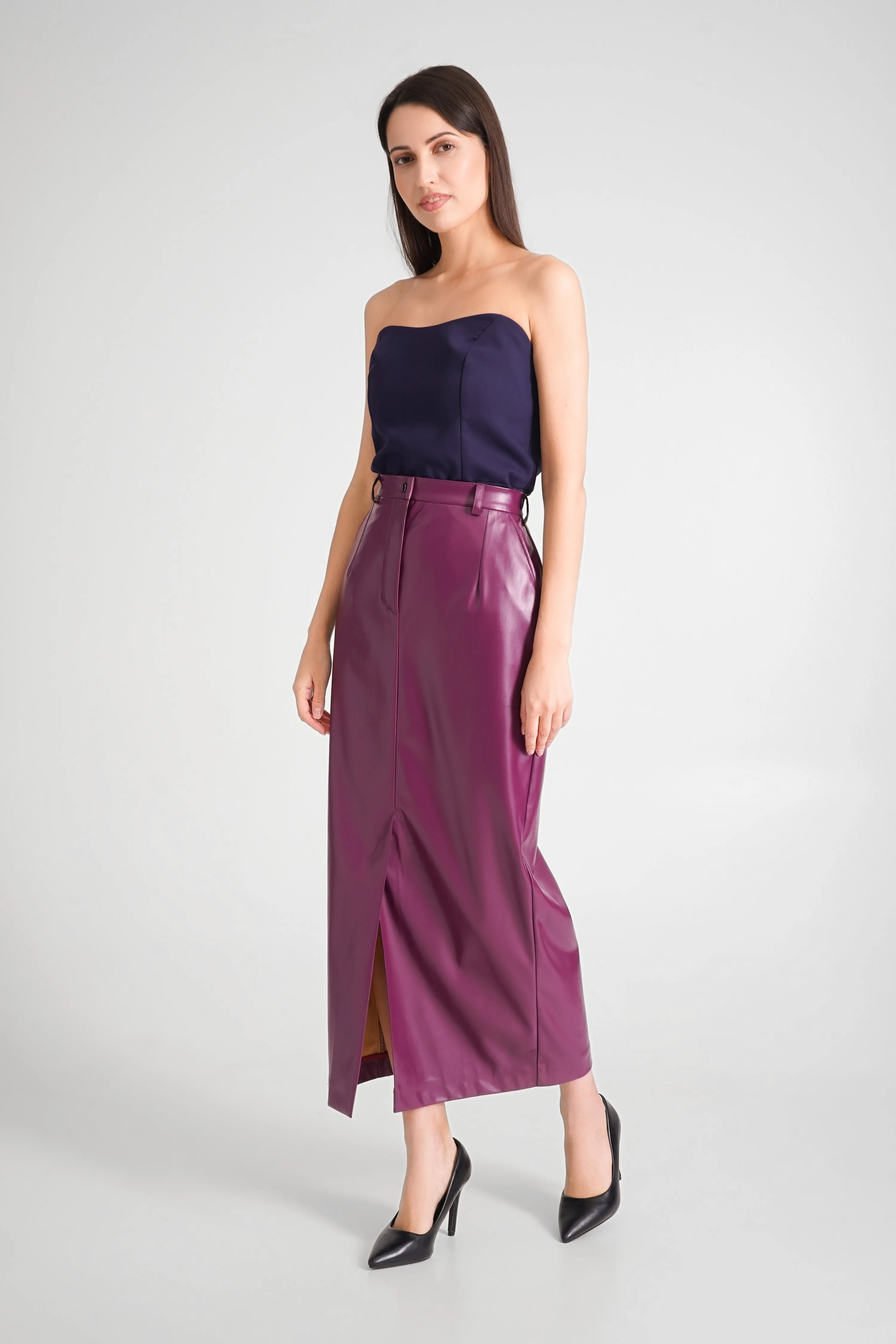 Purple faux leather maxi skirt