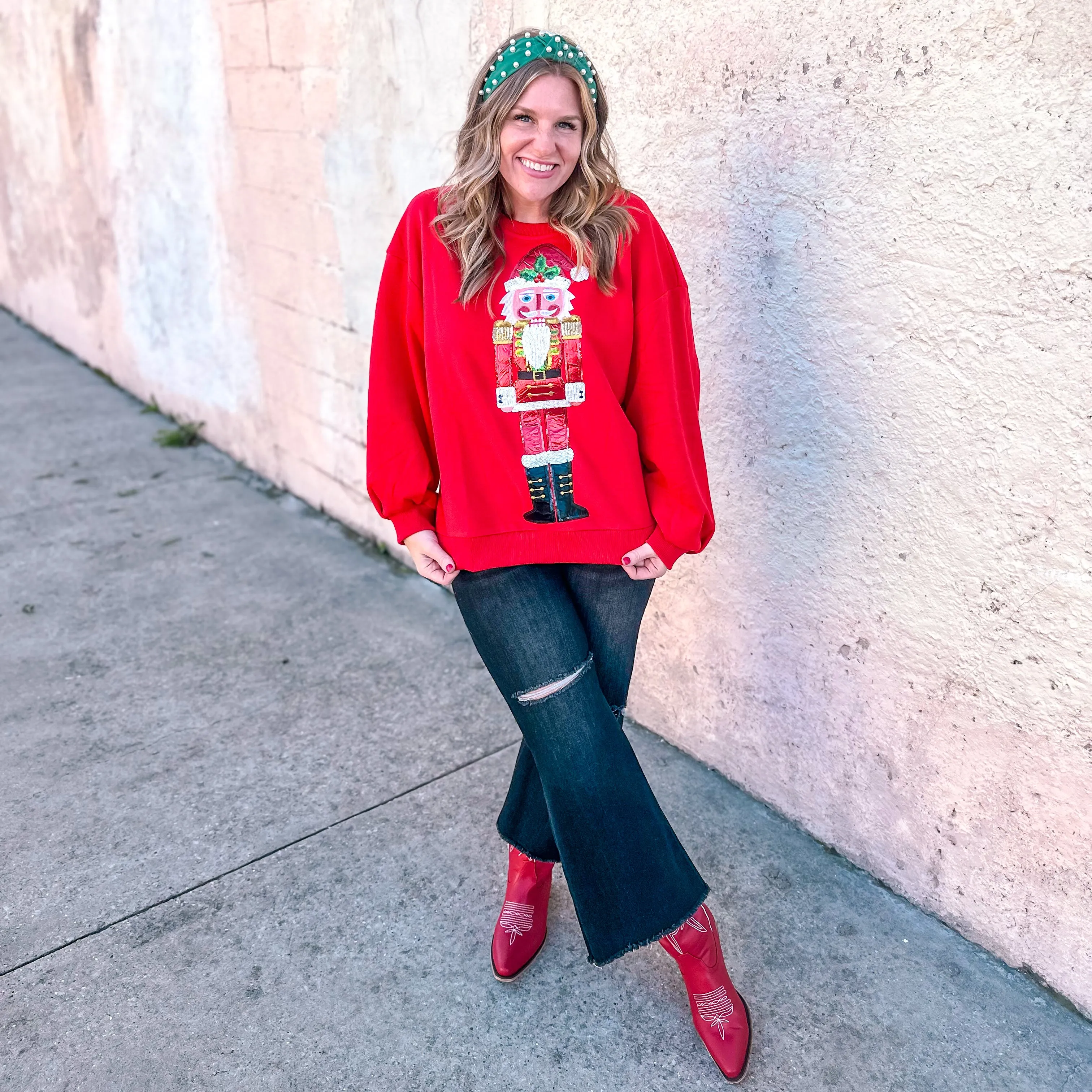 Queen of Sparkles: Red Metallic Santa Nutcracker Sweatshirt