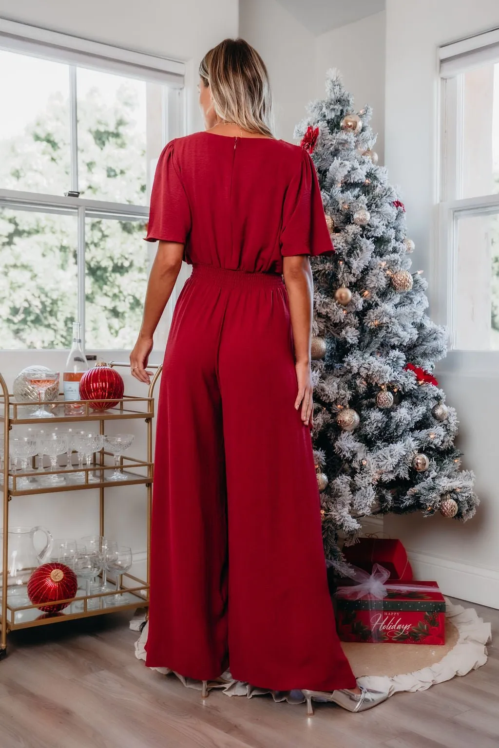 Red Smocked Wide Leg Jumpsuit