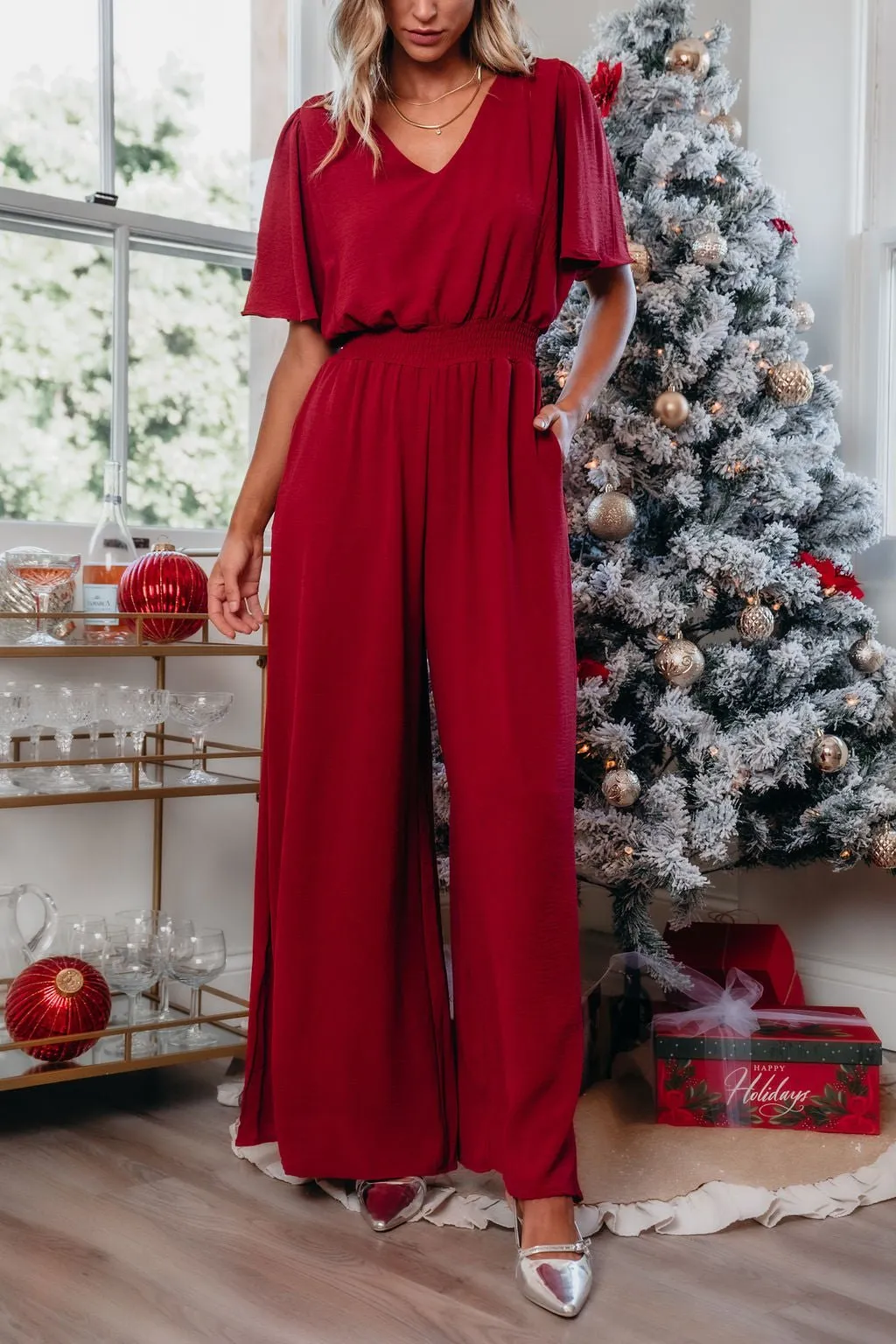 Red Smocked Wide Leg Jumpsuit