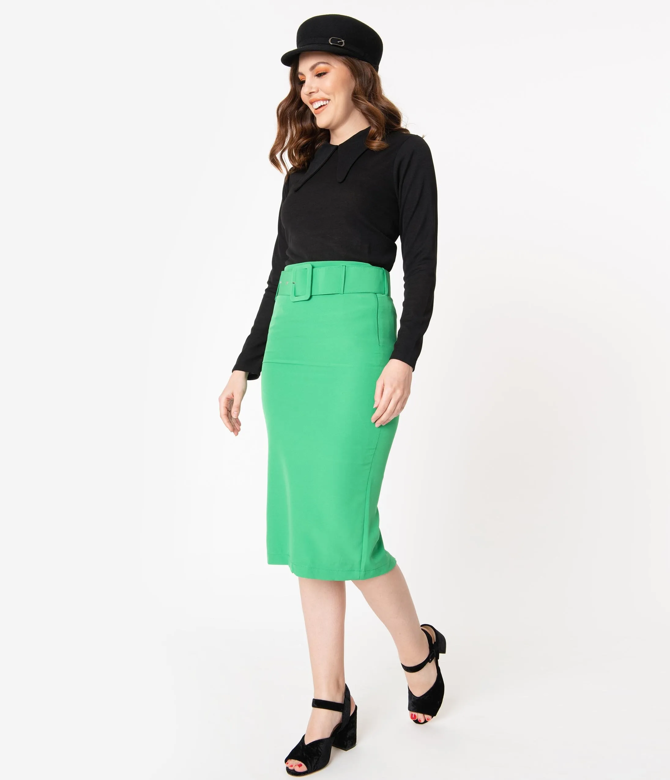 Retro Style Kelly Green Belted Pencil Skirt