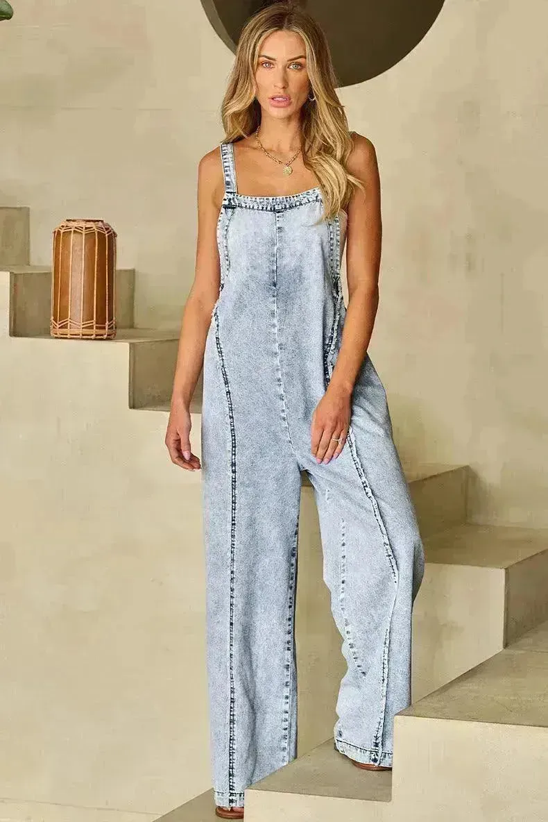 Retro Washed Raw Hem Wide Legs Jumpsuit For Women