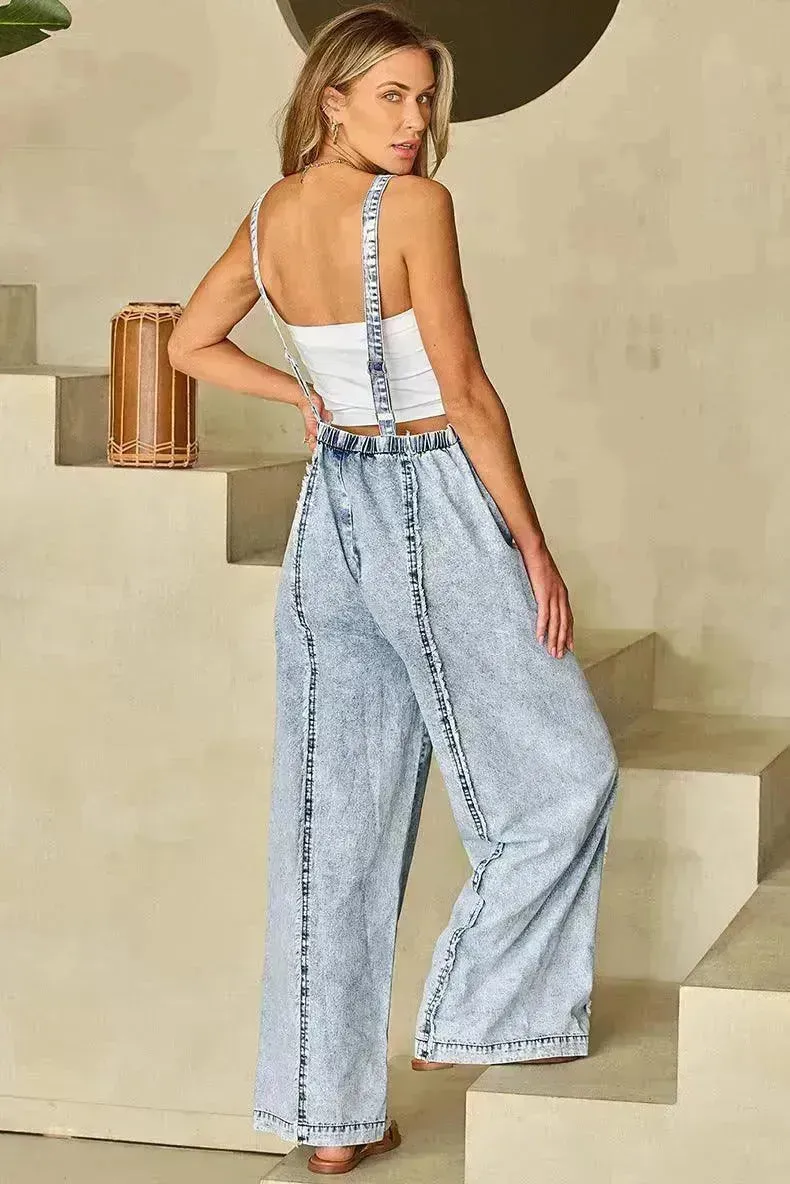 Retro Washed Raw Hem Wide Legs Jumpsuit For Women