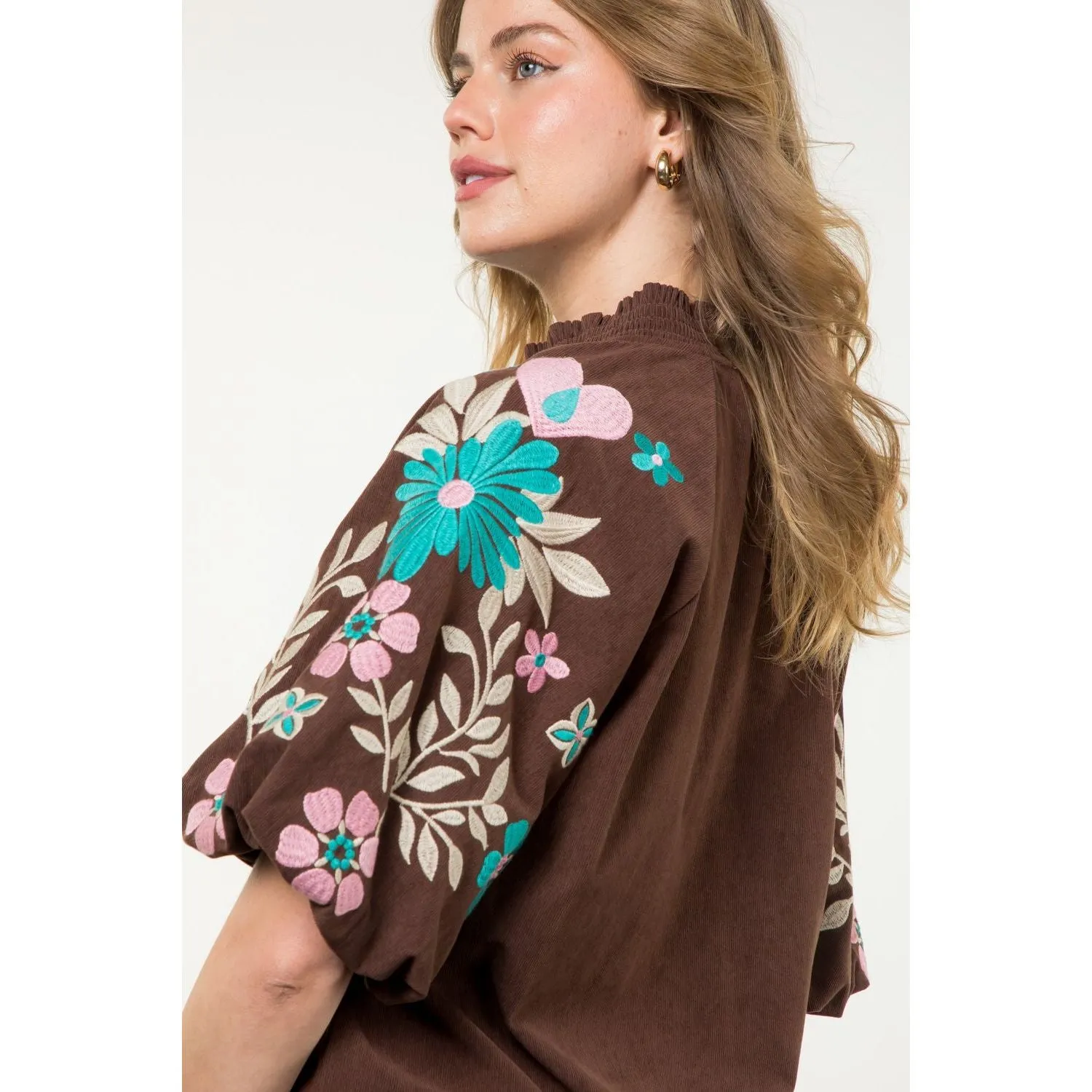 Rocio Embroidered Puff Sleeve Corduroy THML Top