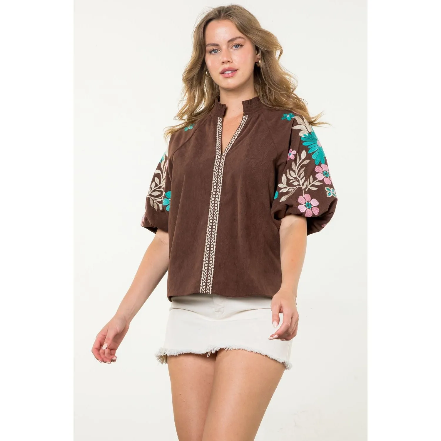 Rocio Embroidered Puff Sleeve Corduroy THML Top