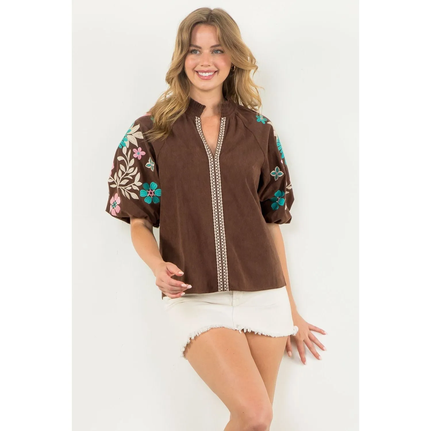 Rocio Embroidered Puff Sleeve Corduroy THML Top