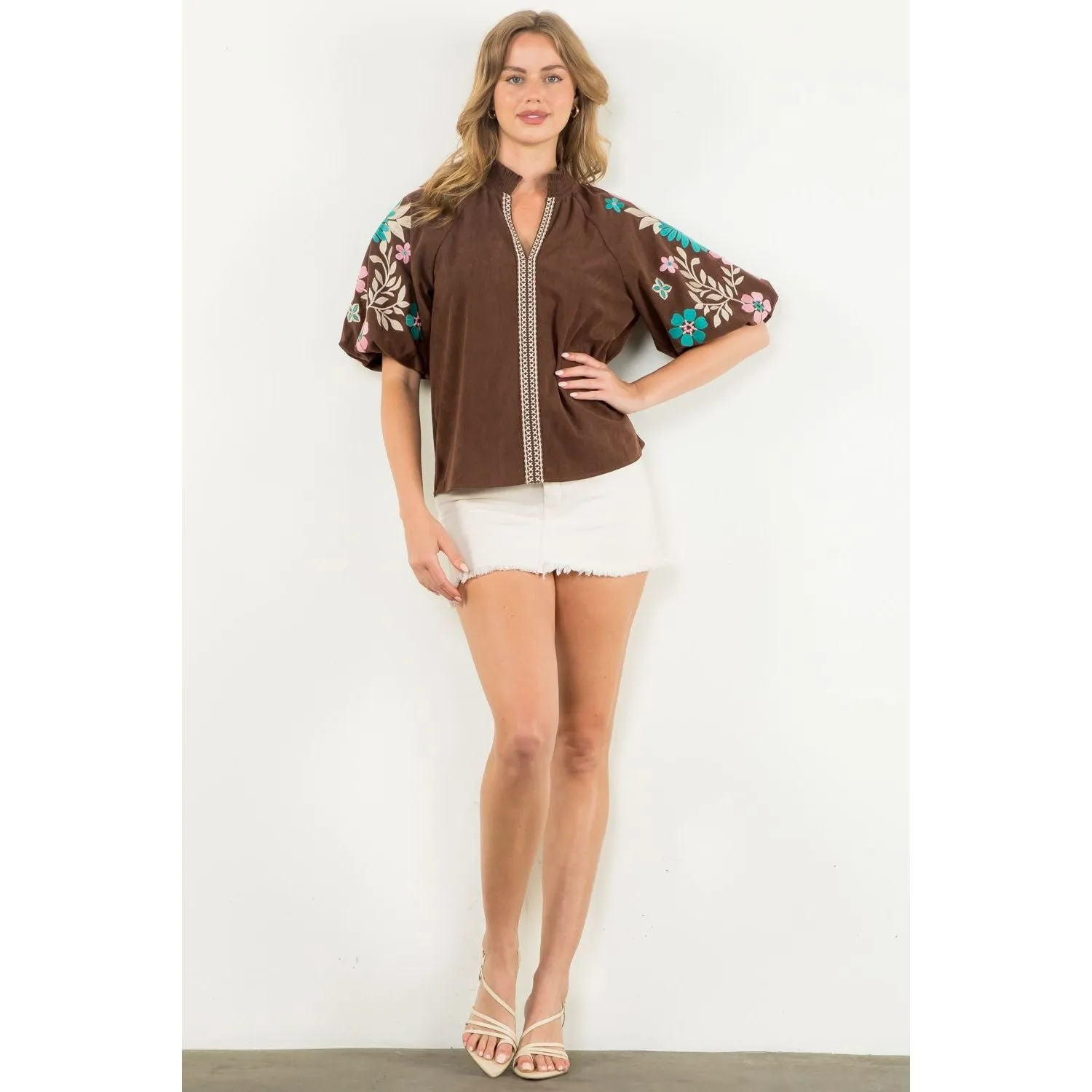 Rocio Embroidered Puff Sleeve Corduroy THML Top