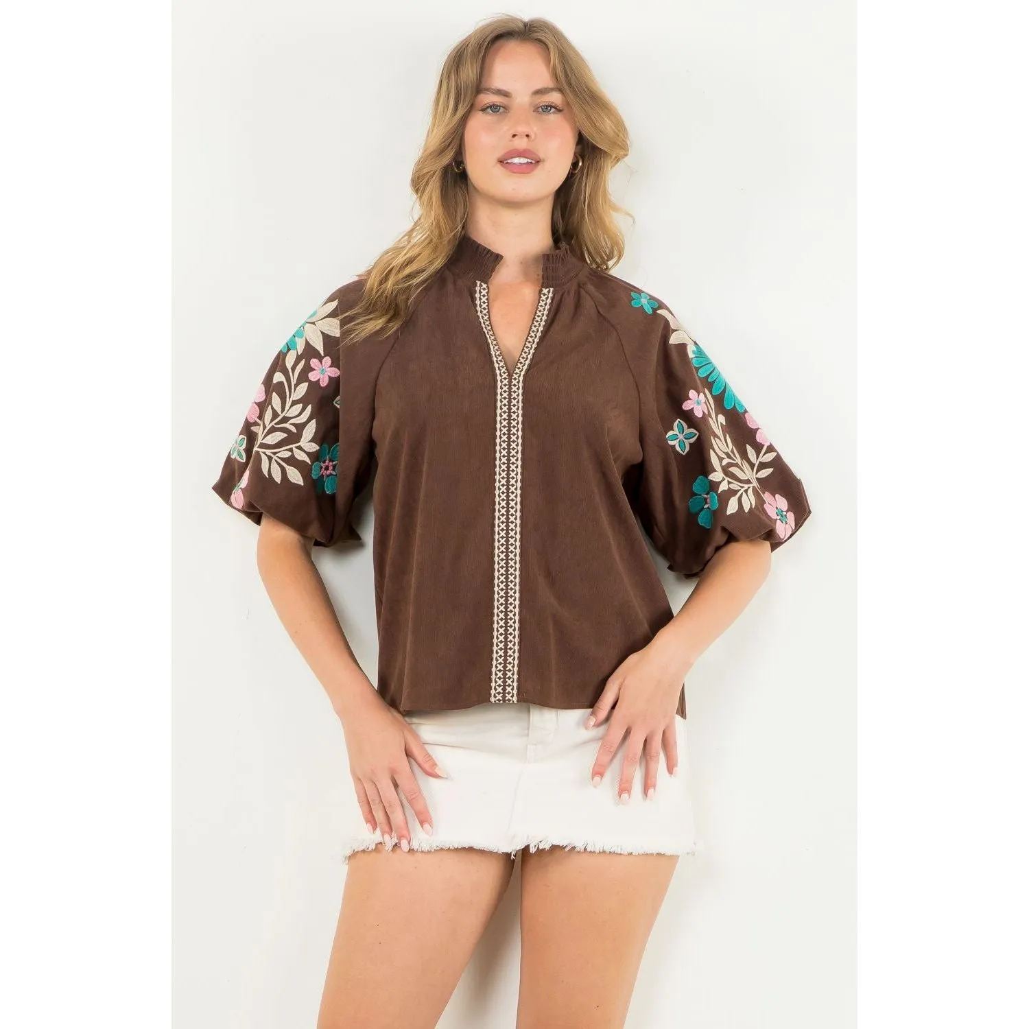 Rocio Embroidered Puff Sleeve Corduroy THML Top