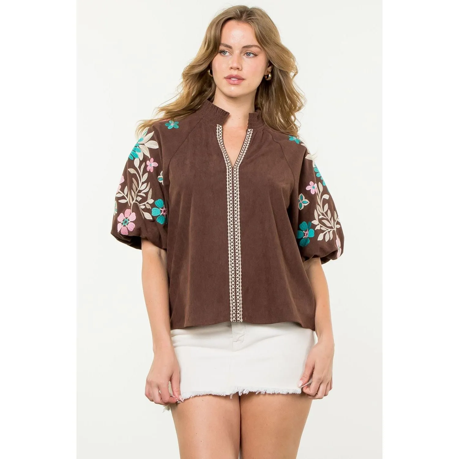 Rocio Embroidered Puff Sleeve Corduroy THML Top