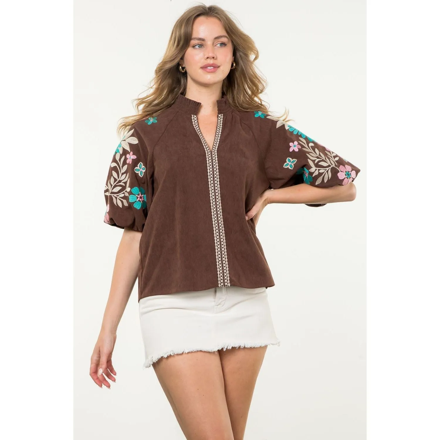 Rocio Embroidered Puff Sleeve Corduroy THML Top