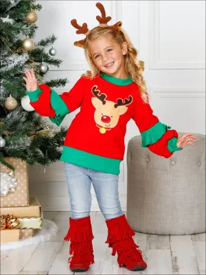 Rudolph Ruffle Tiered Sleeve Holiday Sweatshirt