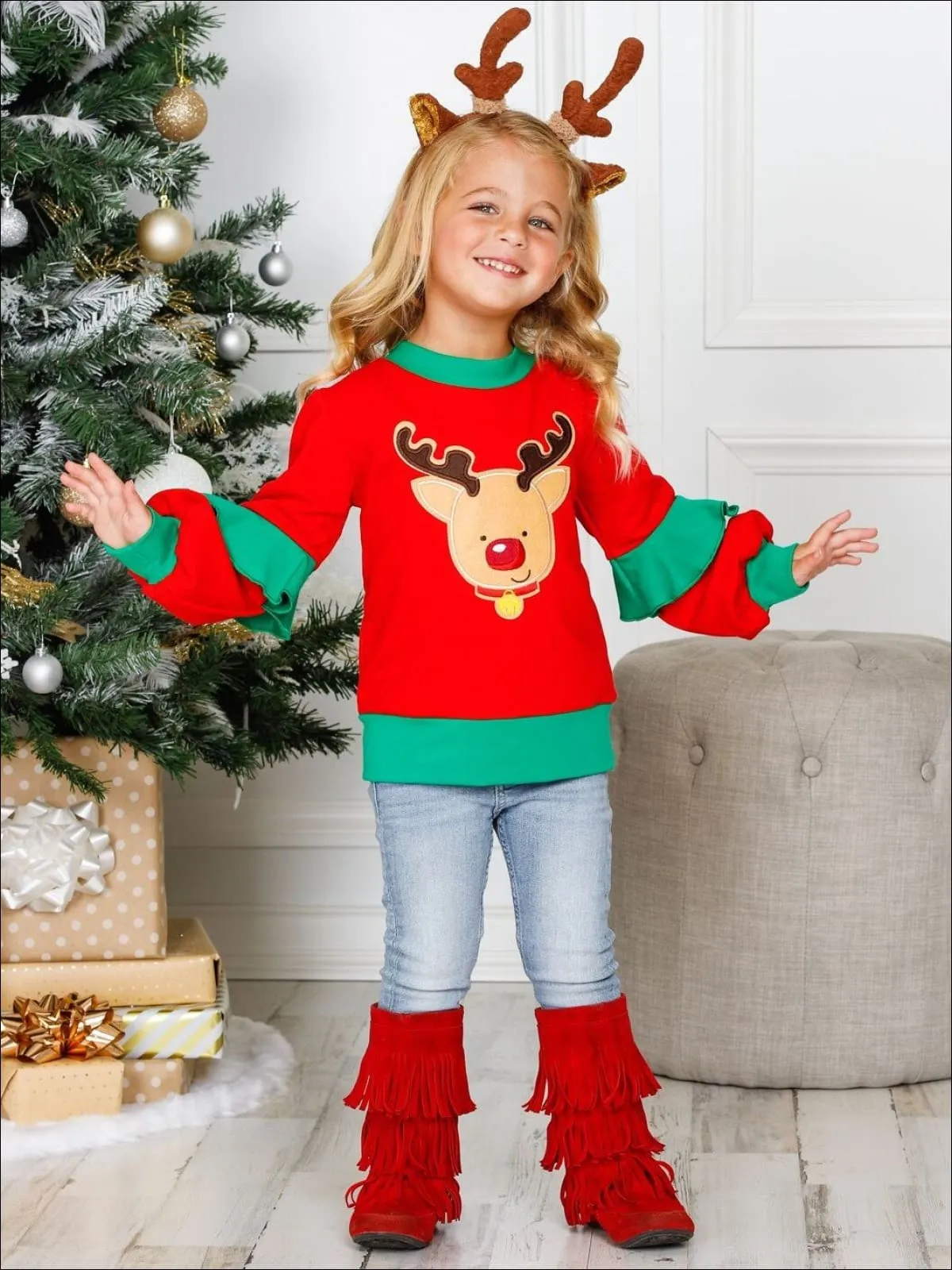 Rudolph Ruffle Tiered Sleeve Holiday Sweatshirt