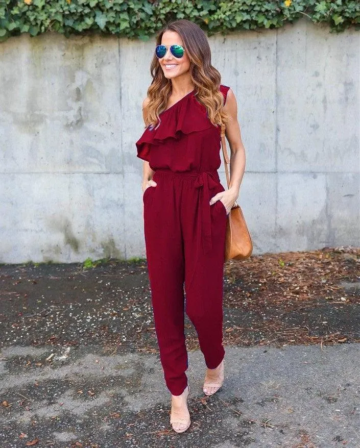 RUFFLED ONE SHOULDER CASUAL CHIC JUMPSUIT