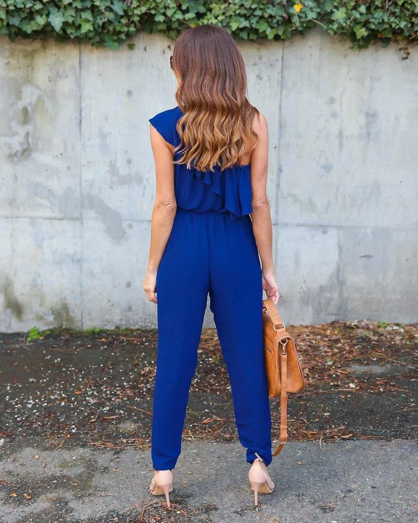 RUFFLED ONE SHOULDER CASUAL CHIC JUMPSUIT