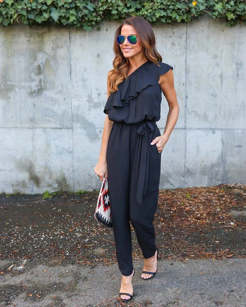 RUFFLED ONE SHOULDER CASUAL CHIC JUMPSUIT