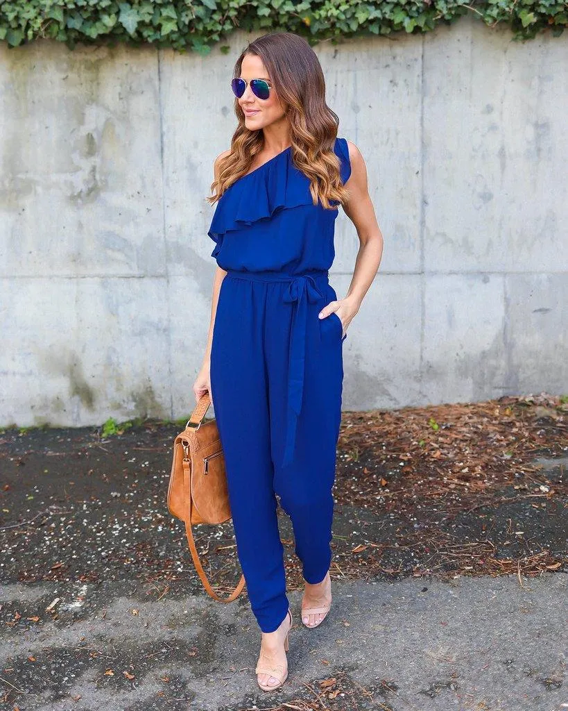 RUFFLED ONE SHOULDER CASUAL CHIC JUMPSUIT