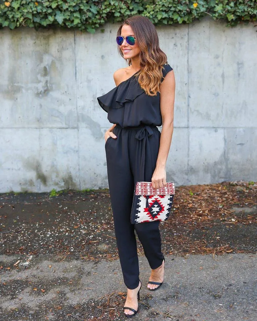 RUFFLED ONE SHOULDER CASUAL CHIC JUMPSUIT