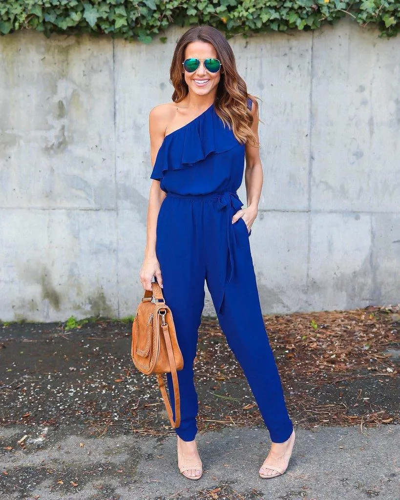 RUFFLED ONE SHOULDER CASUAL CHIC JUMPSUIT