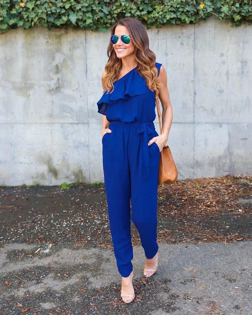 RUFFLED ONE SHOULDER CASUAL CHIC JUMPSUIT