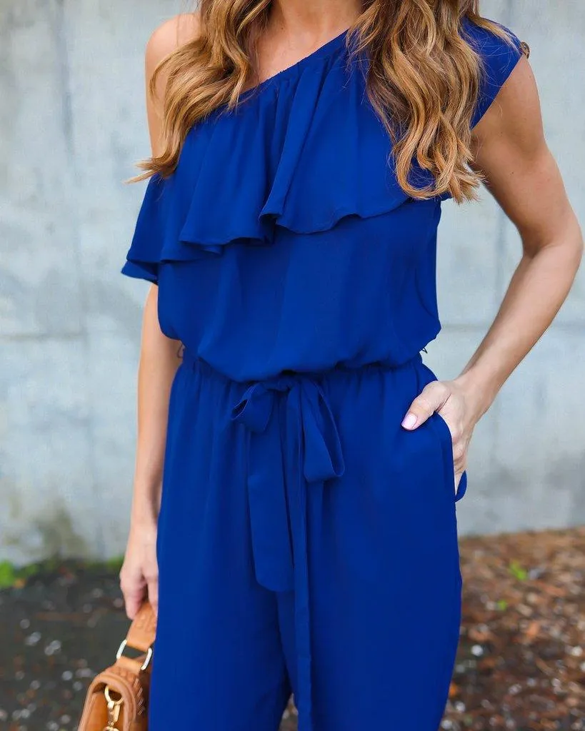 RUFFLED ONE SHOULDER CASUAL CHIC JUMPSUIT