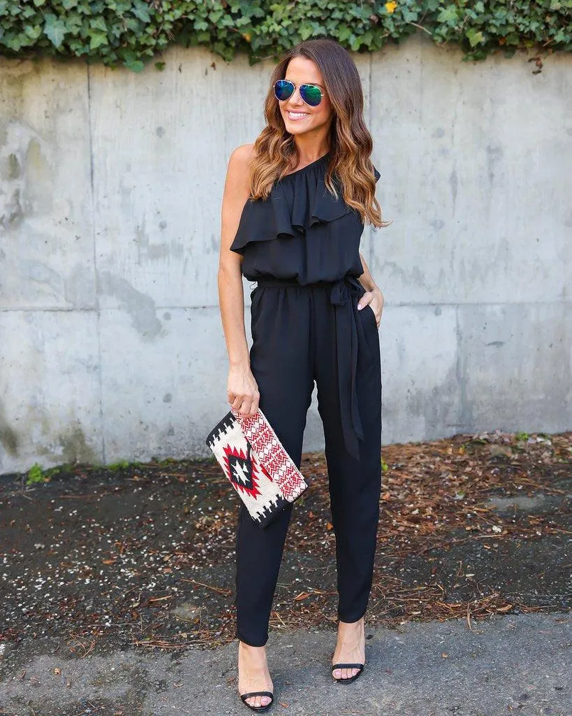 RUFFLED ONE SHOULDER CASUAL CHIC JUMPSUIT