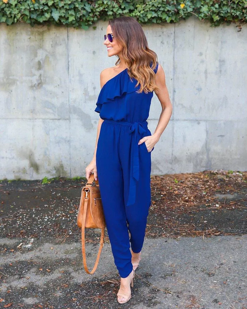 RUFFLED ONE SHOULDER CASUAL CHIC JUMPSUIT