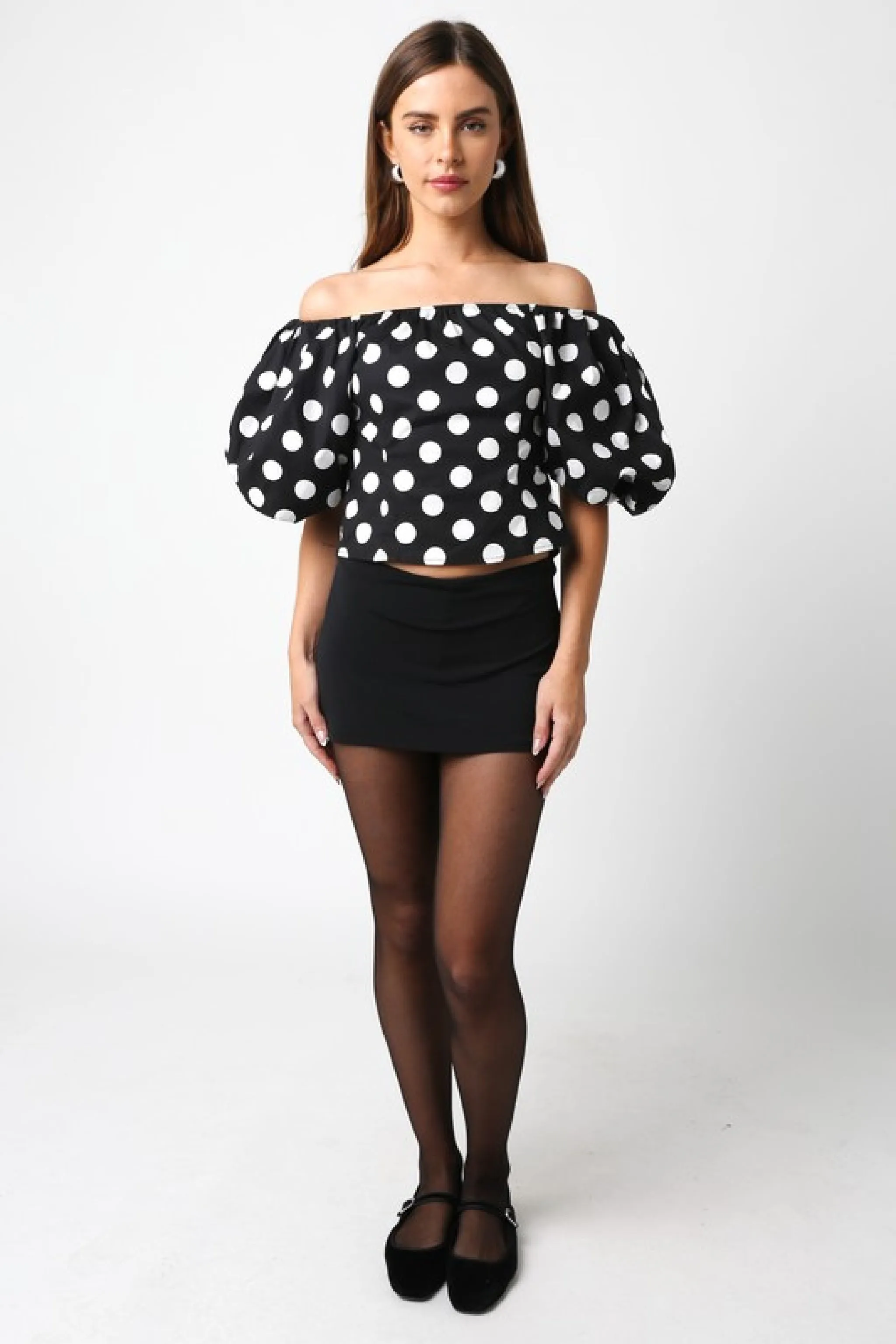 Shaina Off The Shoulder Puff Sleeve Polka Dot Print Top Black