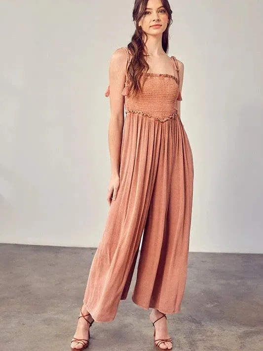 Slay with Sweetness Front Smocked Wide Leg Jumpsuit with Tie Straps