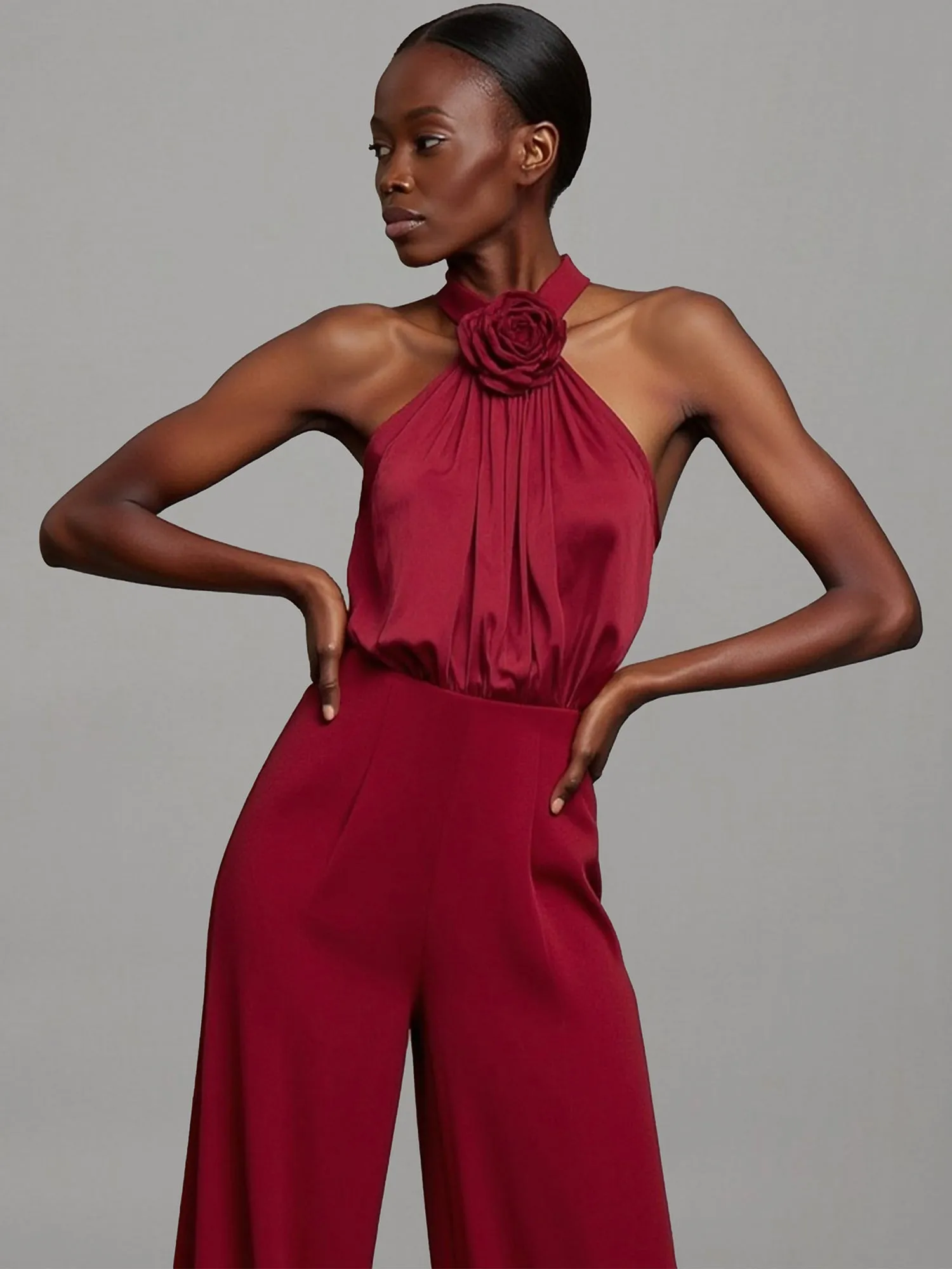 Sleeveless Mock Neck Rosette Jumpsuit