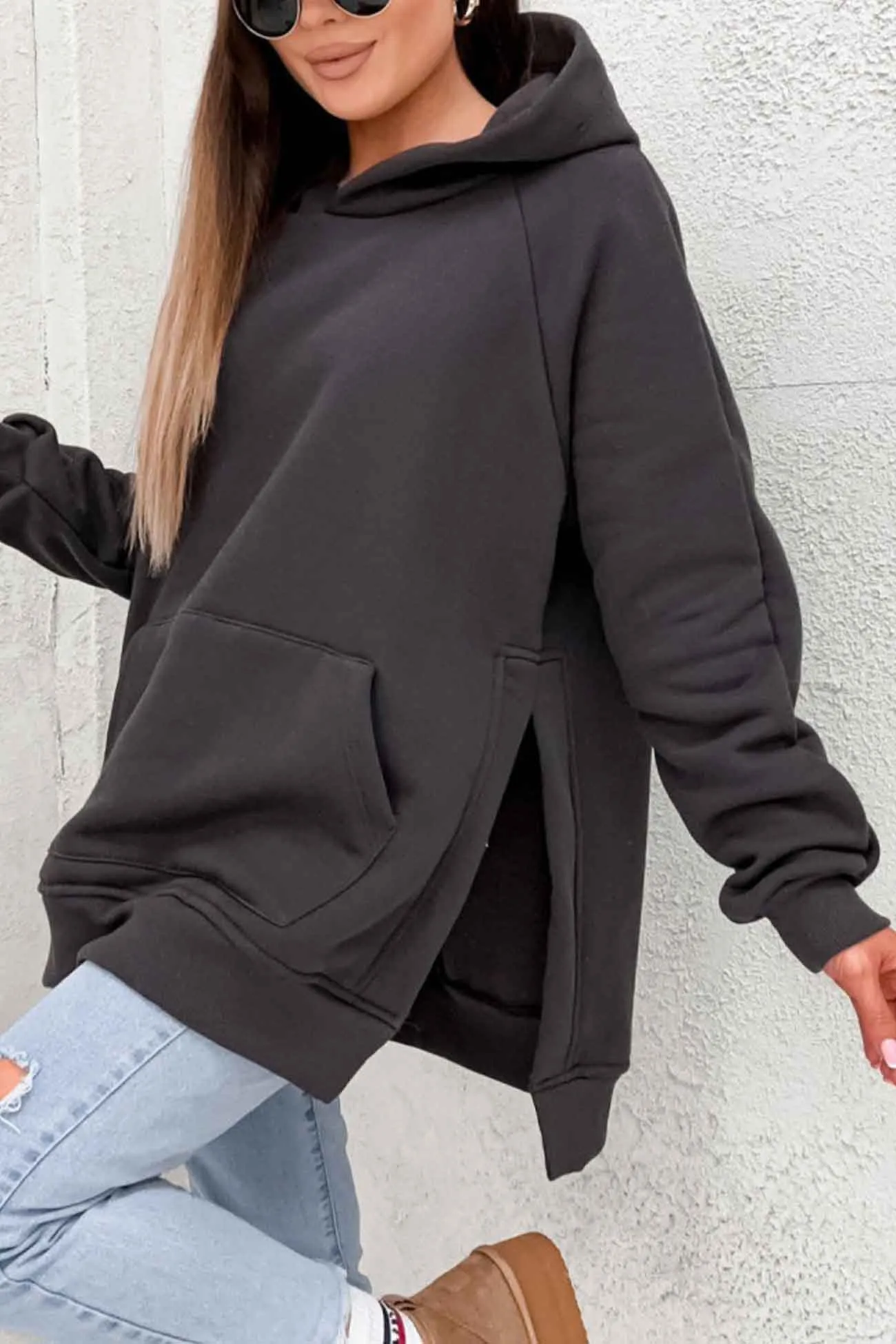 Solid Color Pocket Slit Hoodie