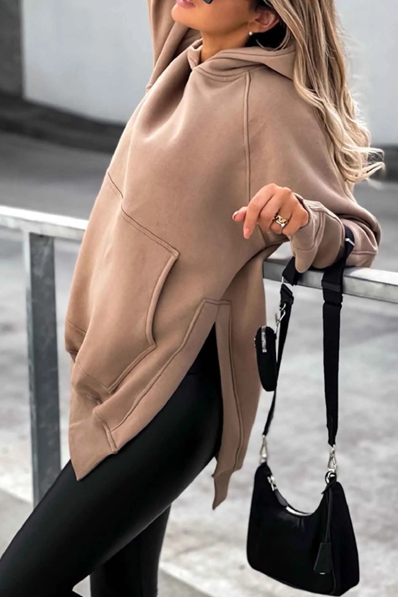 Solid Color Pocket Slit Hoodie