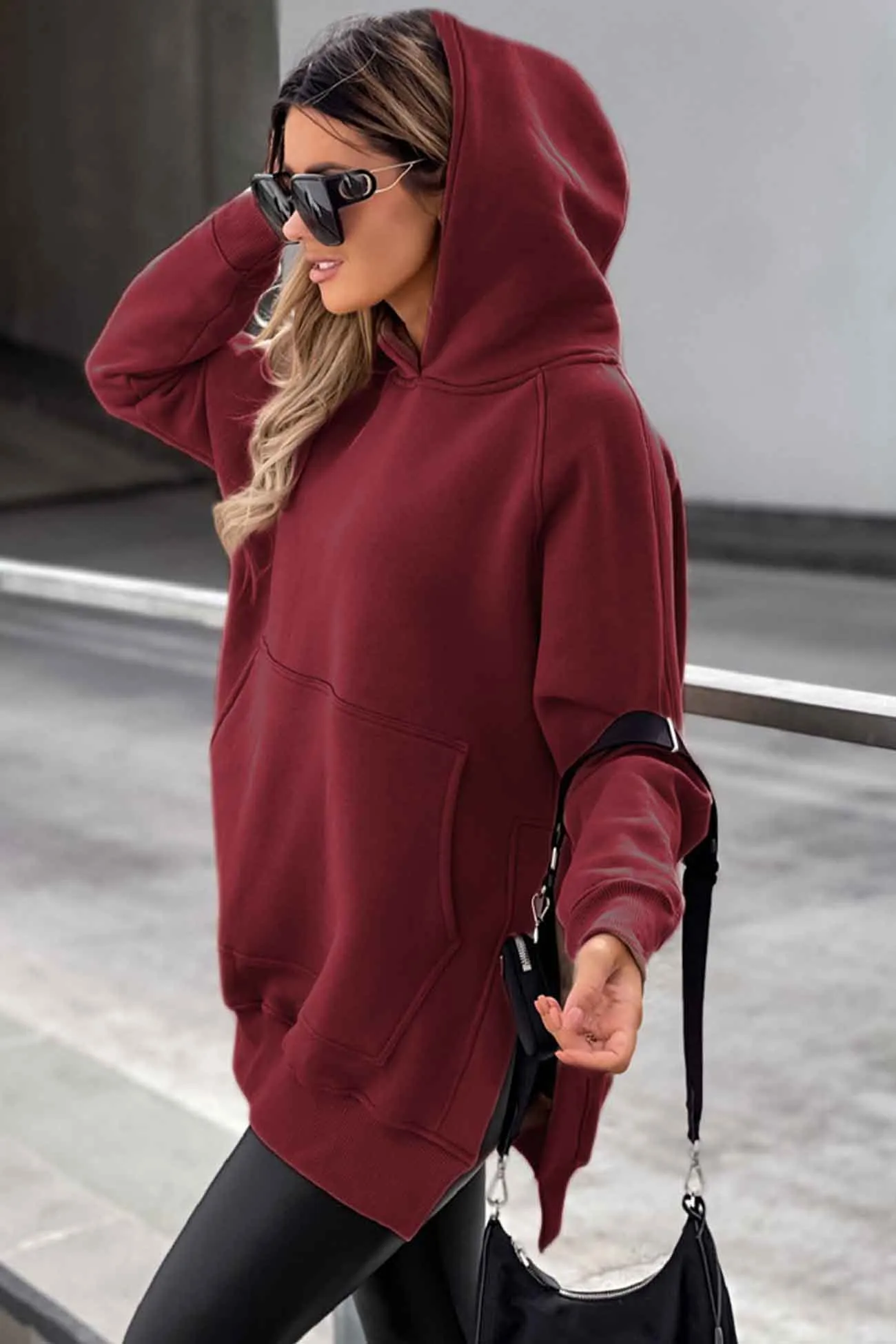 Solid Color Pocket Slit Hoodie