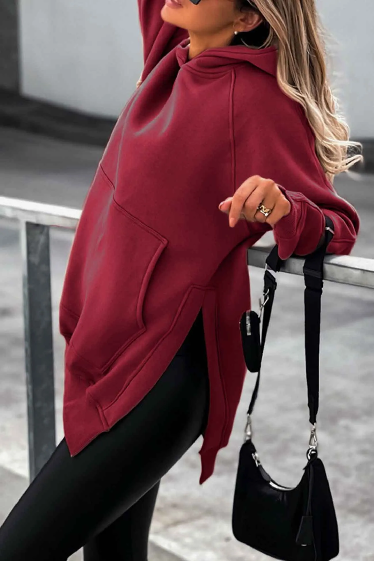 Solid Color Pocket Slit Hoodie