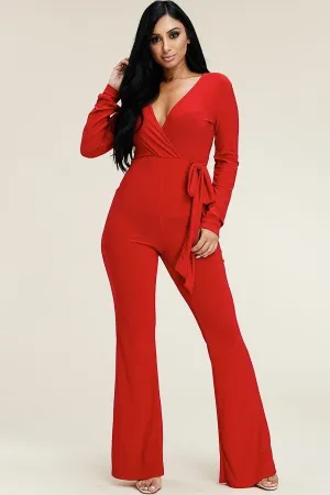 Solid Long Sleeve Wide Leg Jumpsuit With Tie Waist