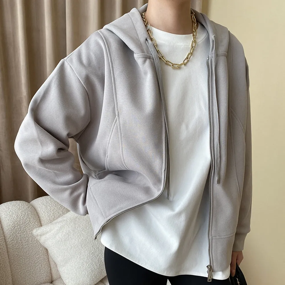 Solid Loose Miinimalist Sweatshirts For Women Hooded Long Sleeves Patchwork Pockets Casual Sweatshirt Female