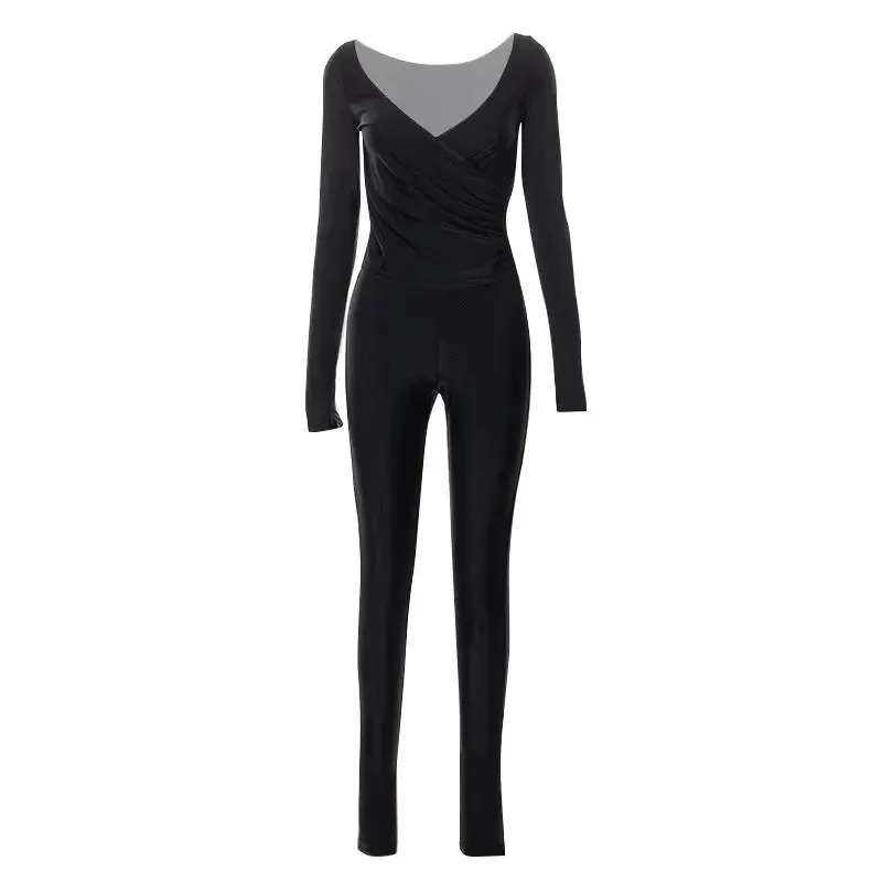 Sophisticated Cross V-neck Long Sleeve Jumpsuit with Ankle-Length Trousers