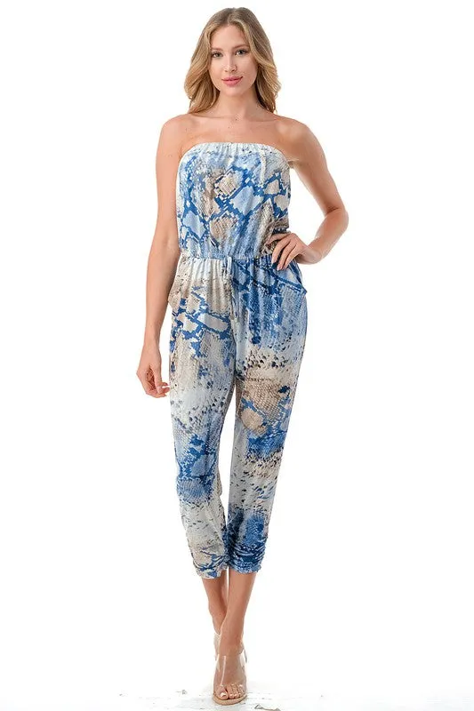 Strapless Jogger pant Jumpsuit blue snake