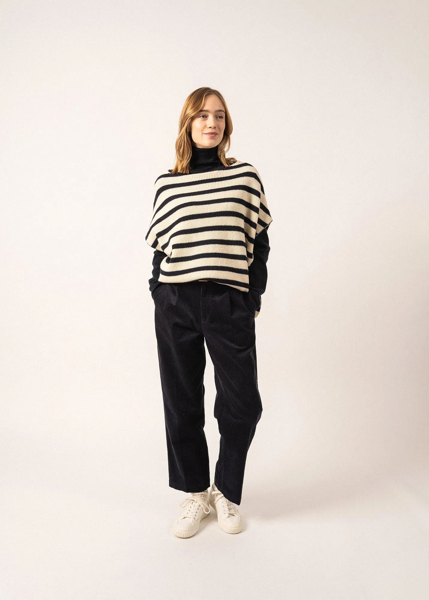 Striped Wool Poncho - in purl knit (ECUME/NAVY)